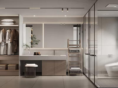 Cream Style Toilet Cloakroom Smart Mirror Bathroom Toilet Cloakroom Wardrobe Wash Desk Basin Shower Towel 3d model