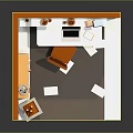 Cartoon Style Study Room With Green Walls Bookcase Desk Laptop Orange Chair And Scattered Papers