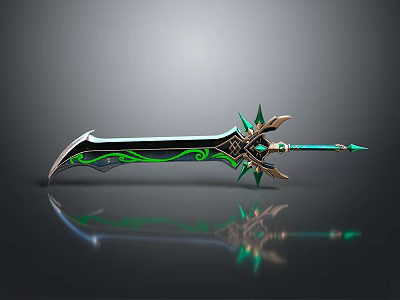 Ornate Decorative Sword With Green Accents Gold Details Intricate Patterns And Reflective Surface 3d model