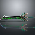 Ornate Decorative Sword With Green Accents Gold Details Intricate Patterns And Reflective Surface