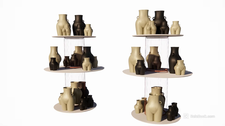 Ceramic Decorative Ornament Set With Beige Black Human Figure Vases On Multi Tiered Circular Display Stand 3d model 