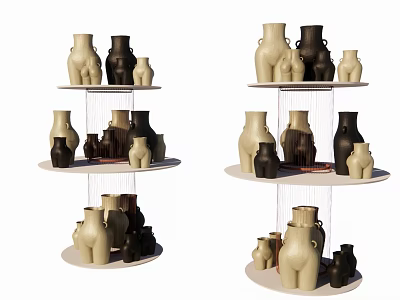 Ceramic Decorative Ornament Set With Beige Black Human Figure Vases On Multi Tiered Circular Display Stand 3d model