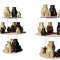 Ceramic Decorative Ornament Set With Beige Black Human Figure Vases On Multi Tiered Circular Display Stand