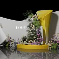 Decorative Floral Scene With Yellow Chair White Geometric Structures And Colorful Flowers