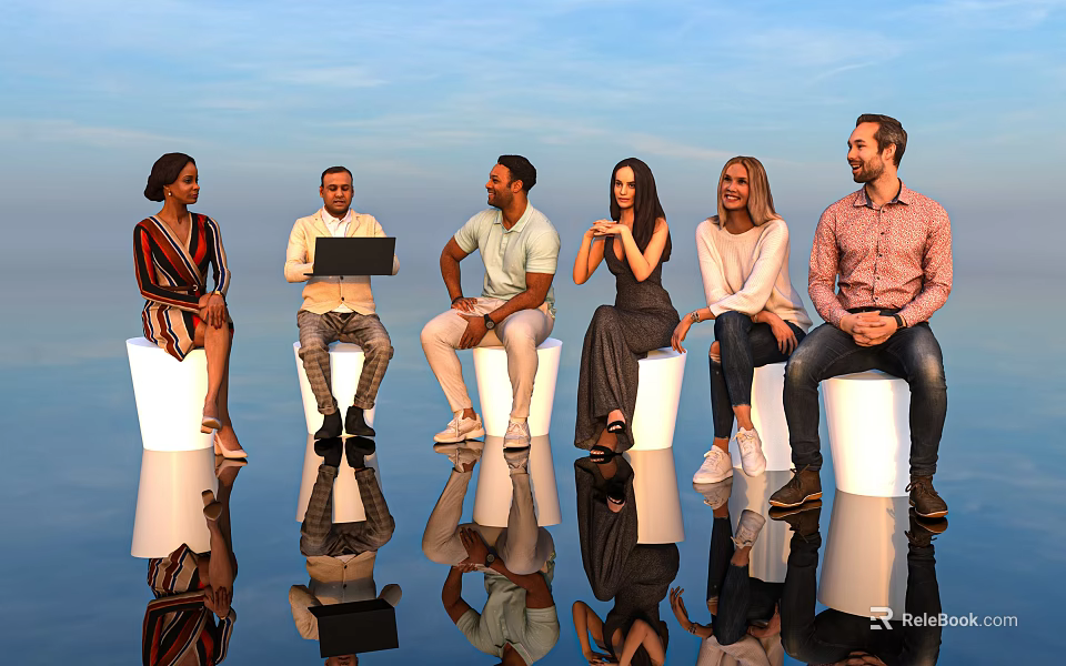 Group of People with Laptop Sitting on White Stools under Blue Sky with Reflections 3d model 