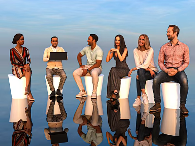 Group of People with Laptop Sitting on White Stools under Blue Sky with Reflections 3d model