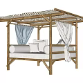 Stylish Outdoor Sofa with Bamboo Frame Woven Canopy White Curtains and Plush White Cushions