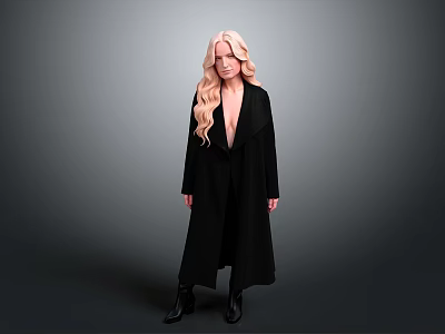 Woman With Long Blonde Hair Standing In Black Coat And Black Boots On Gray Background 3d model