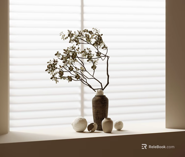 Bonsai Plant On Windowsill With White Small Objects And Blinds Background In Natural Light 3d model