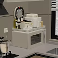 Modern Kitchen Countertop With White Microwave Rice Cooker Olive Oil Bottles And Tea Cups