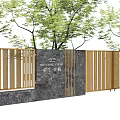 Modern Entrance Gate With Metal Strip Design And Green Trees By Stone Wall