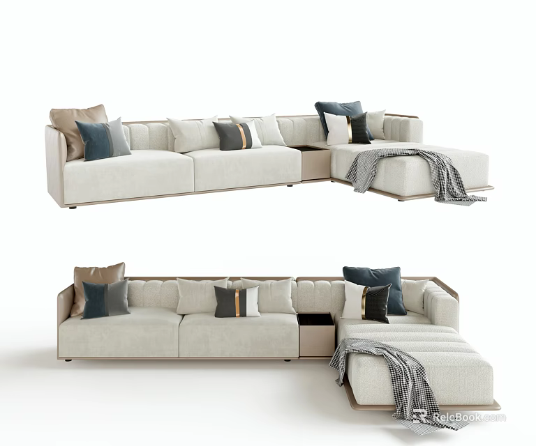 Light Beige Sectional Sofa With Multiple Cushions Soft Throw Blanket Modern Cozy Living Room Design 3d model 