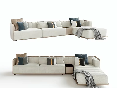 Light Beige Sectional Sofa With Multiple Cushions Soft Throw Blanket Modern Cozy Living Room Design 3d model