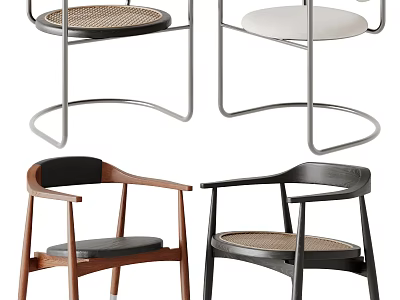 Modern Elegant Dining Chairs With Wooden Armrests Rattan Seats And Curved Metal Legs 3d model