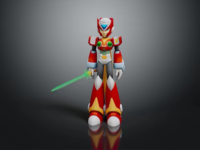 Game Movie Robot Character Red White Yellow Armor Holding Green Sword 3d model