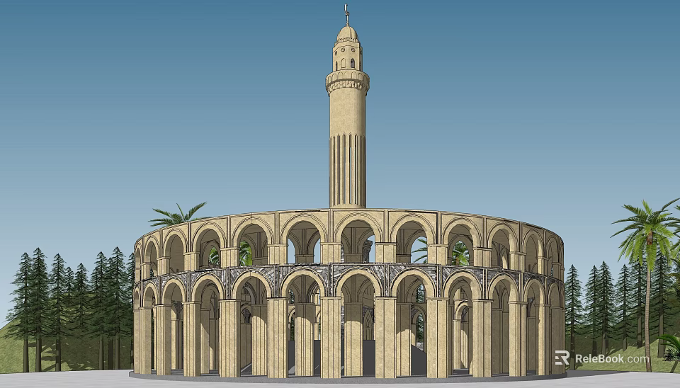 Elegant Circular Pergola with Arched Openings Central Tower and Surrounding Trees 3d model