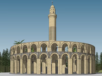 Elegant Circular Pergola with Arched Openings Central Tower and Surrounding Trees 3d model