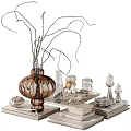 Elegant Decorative Ornament Set With Glass Vase Twigs Candle Holders And Books