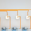 Industrial Processing Equipment With Blue Main Unit Orange Pipes And White Conical Tanks