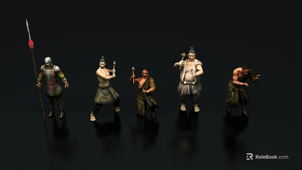 Game Movie Characters In Five Different Costumes With Armor And Weapons In Various Poses 3d model 