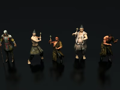 Game Movie Characters In Five Different Costumes With Armor And Weapons In Various Poses 3d model
