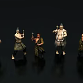 Game Movie Characters In Five Different Costumes With Armor And Weapons In Various Poses