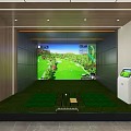 Indoor Golf Simulator Fitness Space With Lounge Area Tables Chairs Green Plants And Display Cabinets