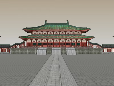 Traditional Ancient Chinese Architecture With Multi Tiered Green Tiled Roof Red Pillars And Stone Steps 3d model