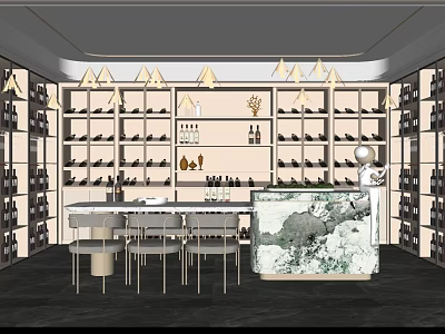Elegant Wine Cellar Interior With Wine Racks Marble Bar Counter Chairs And Pendant Lights 3d model