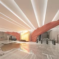 Modern Cultural Center Lobby With Red Curved Structure Bright Lighting And Marble Floor