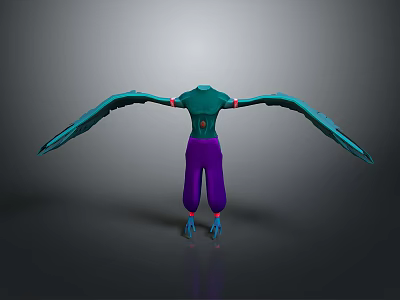 Bird With Spread Blue Wings Green Body And Purple Legs Standing 3d model