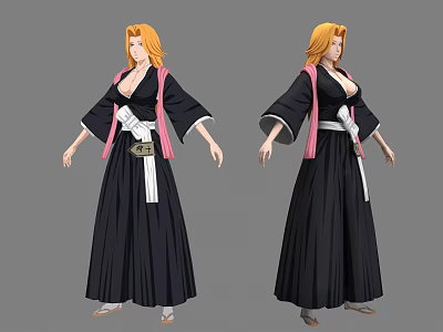 Anime Game Female Character Design With Orange Hair Black Robe Pink White Accents And Belt 3d model