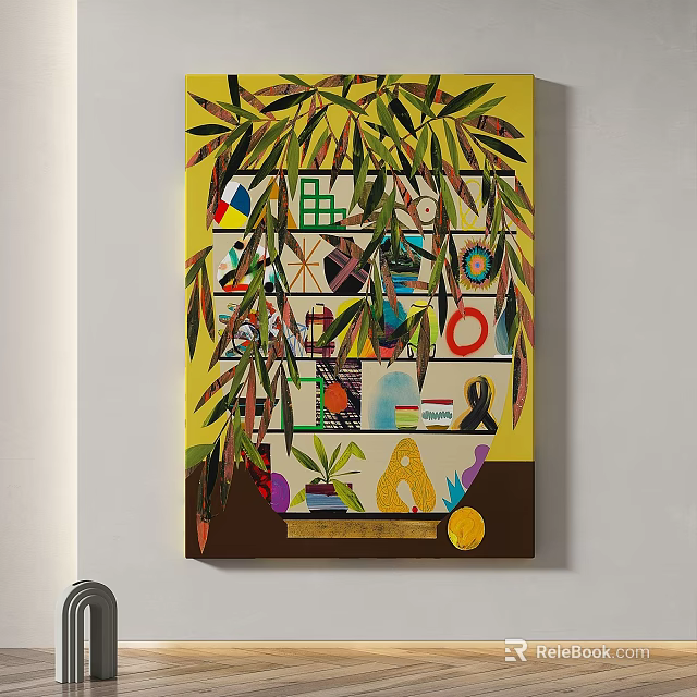 Vibrant Abstract Painting With Geometric Shapes Leafy Elements And Colorful Patterns 3d model