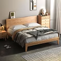 Wooden Double Bed Interior With Bedside Table Lamp Wall Painting Window And Area Rug