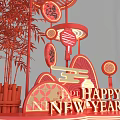 Red Chinese New Year Art Installation With Fortune Lanterns Bamboo And Happy New Year