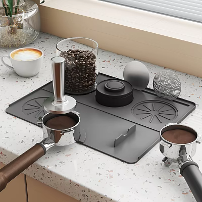 Living Dining Area Coffee Making Station With Coffee Cup Beans Tamper And Mat 3d model