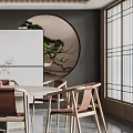 Private Dining Box Interior With Round Table Wooden Chairs And Circular Pine Decor 3d model