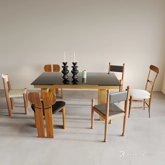 Modern Dining Table With Wooden Frame Chairs Black Tabletop And Decorative Candle Holders 3d model 