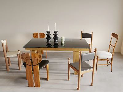 Modern Dining Table With Wooden Frame Chairs Black Tabletop And Decorative Candle Holders 3d model