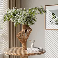 Ornament Decoration Set with Wooden Vase Flowers Small Figurine Books on Round Table and Sunlight