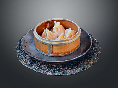 Traditional Chinese Steamed Dumplings Served in Bamboo Steamer on Stone Plate 3d model