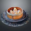 Traditional Chinese Steamed Dumplings Served in Bamboo Steamer on Stone Plate