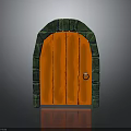 Arched Orange Wooden Door With Green Brick Frame And Metal Knob