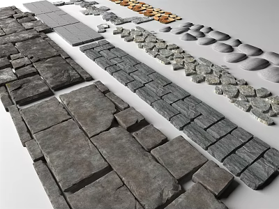 Various Natural Stone Ground Paving Materials With Slate Tiles And Irregular Stones 3d model