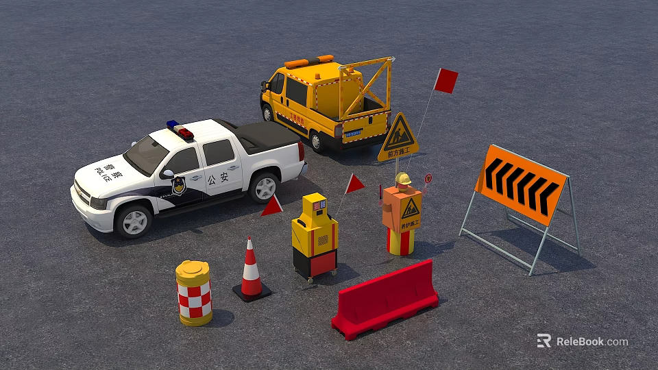 Road Facilities With Police Car Tow Truck Traffic Cones Warning Signs Barriers And Worker Figures 3d model 