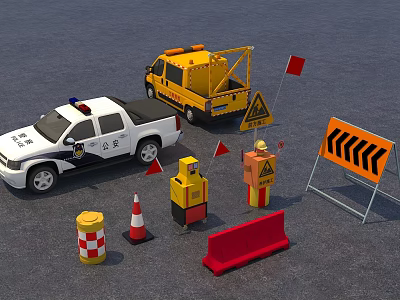 Road Facilities With Police Car Tow Truck Traffic Cones Warning Signs Barriers And Worker Figures 3d model