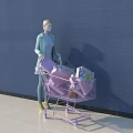 Model pushing purple shopping cart with gift boxes against blue wall and light floor