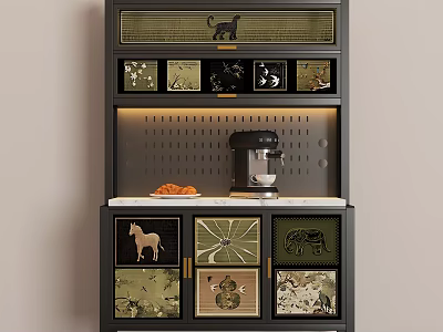 Modern Dark Decorative Sideboard With Patterned Drawers Coffee Machine And Built In Lighting 3d model