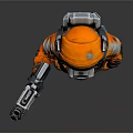Astronaut In Orange Spacesuit Holding Futuristic Device On Gray Backdrop