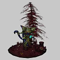 Blue Character With Green Hat And Tail Near Tall Tree And Enchanting Creatures